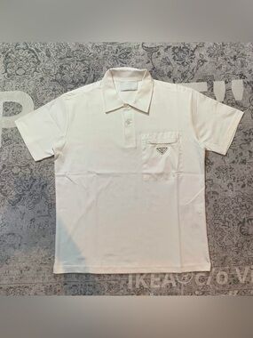 Prada Cream Short-Sleeve Polo with Chest Pocket and Logo